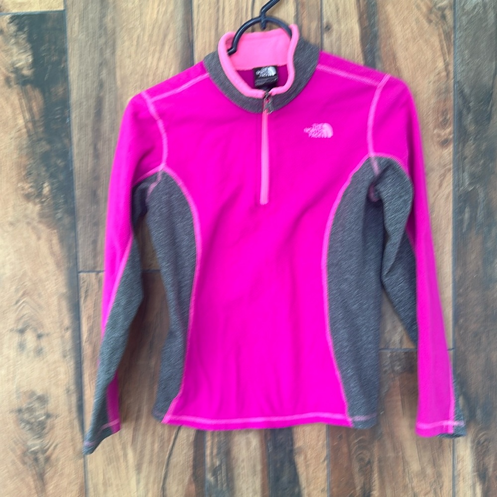 North Face Girls Pink & Gray Pull Over 1/4 Zip Fleece Jacket Sweater Size L